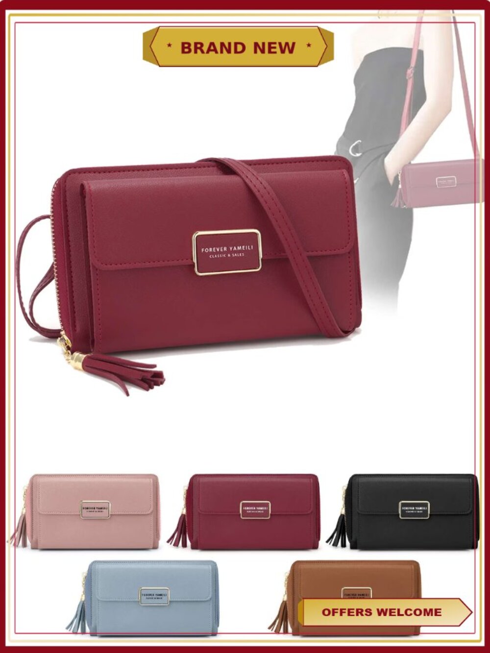 PU Leather Crossbody Sling Bag Wallet Adjustable Removable Strap Women's